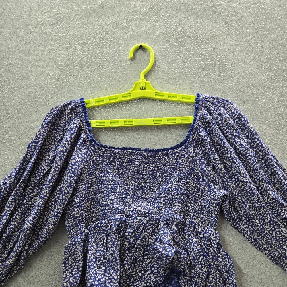 Free People Women Blouse S Blue Floral Brittnee Printed Peplum Ruffle Crop  Boho